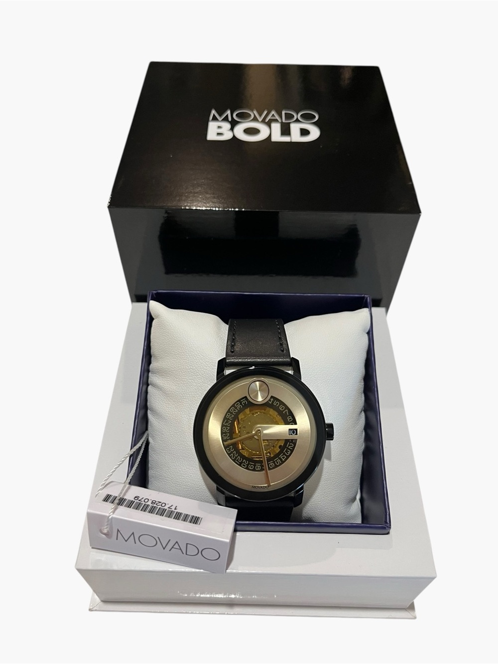 Movado Bold Evolution Swiss Quartz 40mm Date Black Leather Gold Dial Watch NWT